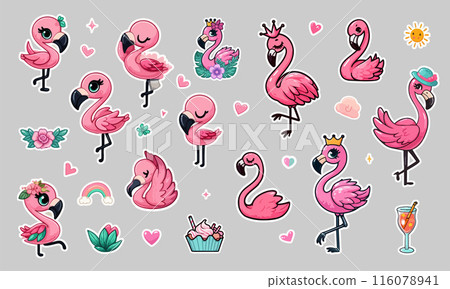 Set of stickers with pink flamingo. Summer stickers collection. Trendy patches, pins, badges. 116078941