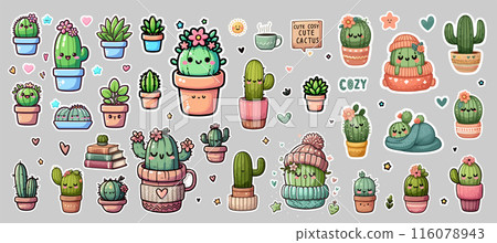 Set of cute cartoon stickers of cactus with funny faces. 116078943