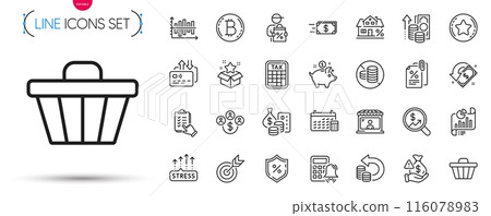 Pack of Target, Saving money and Cash back line icons. Include Checklist, Report document, Bribe pictogram icons. Cashback, Calculator alarm, Buying currency signs. Diagram chart. Vector 116078983