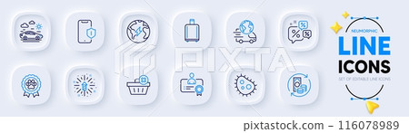 Dog competition, Fireworks explosion and Bacteria line icons for web app. Pack of Certificate, Smartphone protection, Discounts chat pictogram icons. Change money, Delete order. Vector 116078989