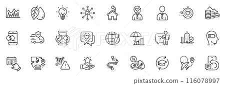 Icons pack as Security lock, Loyalty program and Transport insurance line icons for app include Timeline, Home, Friends chat outline thin icon web set. Mineral oil, Inflation. Vector 116078997