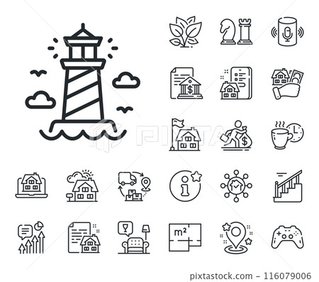 Beacon tower sign. Floor plan, stairs and lounge room outline icons. Lighthouse line icon. Searchlight building symbol. Lighthouse line sign. House mortgage, sell building icon. Real estate. Vector 116079006