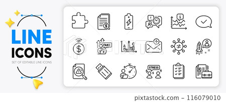 Discrimination, Fake internet and Time management line icons set for app include Startup, Timer, Approved message outline thin icon. Difficult stress, Checklist, Usb flash pictogram icon. Vector Discrimination, Fake internet and Time management line icons set for app include Startup, Timer, Approved message outline thin icon. Difficult stress, Checklist, Usb flash pictogram icon. Vector 116079010
