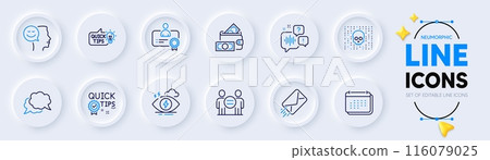 Ethics, Quick tips and E-mail line icons for web app. Pack of Calendar, Education idea, Certificate pictogram icons. Chat message, Money wallet, Stress signs. Good mood, Cyber attack. Vector Ethics, Quick tips and E-mail line icons for web app. Pack of Calendar, Education idea, Certificate pictogram icons. Chat message, Money wallet, Stress signs. Good mood, Cyber attack. Vector 116079025