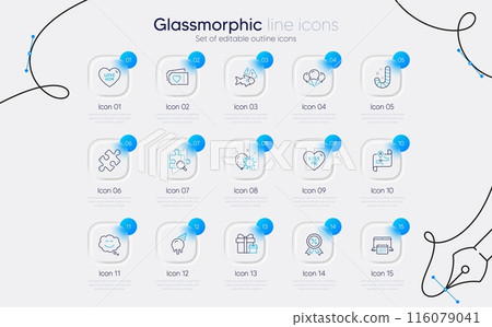Set of Kiss me, Balloon dart and Fish line icons for web app. Map, Ice cream, Discount medal icons. Smile chat, Puzzle, Surprise package signs. Love tickets, Search puzzle, Candy. Vector 116079041