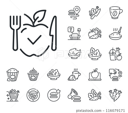 Vegan meal sign. Crepe, sweet popcorn and salad outline icons. Vegetarian food line icon. Apple fruit symbol. Vegetarian food line sign. Pasta spaghetti, fresh juice icon. Supply chain. Vector Vegan meal sign. Crepe, sweet popcorn and salad outline icons. Vegetarian food line icon. Apple fruit symbol. Vegetarian food line sign. Pasta spaghetti, fresh juice icon. Supply chain. Vector 116079171