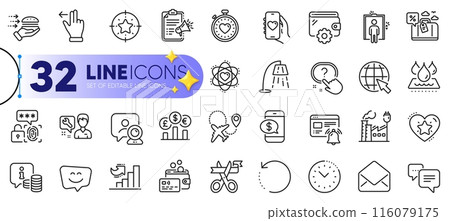 Outline set of Factory, Wallet and Internet line icons for web with Waterproof, Time management, Dots message thin icon. Card, Star target, Travel loan pictogram icon. Biometric security. Vector Outline set of Factory, Wallet and Internet line icons for web with Waterproof, Time management, Dots message thin icon. Card, Star target, Travel loan pictogram icon. Biometric security. Vector 116079175
