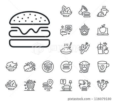 Fast food sign. Crepe, sweet popcorn and salad outline icons. Burger line icon. Hamburger sandwich symbol. Burger line sign. Pasta spaghetti, fresh juice icon. Supply chain. Vector 116079180