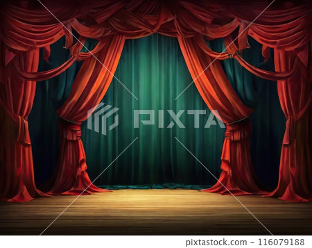 Stage with red curtains and wooden floor. Realistic  116079188