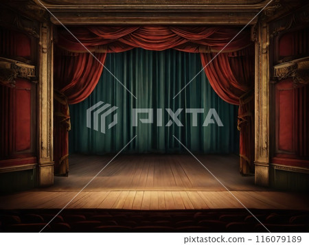 Old theater stage with red curtains and wooden floor 116079189
