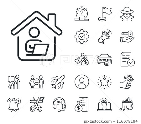 Outsource job sign. Salaryman, gender equality and alert bell outline icons. Work at home line icon. Remote office employee symbol. Work home line sign. Spy or profile placeholder icon. Vector Outsource job sign. Salaryman, gender equality and alert bell outline icons. Work at home line icon. Remote office employee symbol. Work home line sign. Spy or profile placeholder icon. Vector 116079194