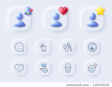 Charging cable, Smile and Smile chat line icons. Placeholder with 3d bell, star, heart. Pack of Touchscreen gesture, Face biometrics, 48 hours icon. Chemistry lab, Tutorials pictogram. Vector Charging cable, Smile and Smile chat line icons. Placeholder with 3d bell, star, heart. Pack of Touchscreen gesture, Face biometrics, 48 hours icon. Chemistry lab, Tutorials pictogram. Vector 116079248