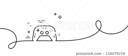 Gamepad line icon. Continuous one line with curl. Game joystick sign. symbol. Gamepad single outline ribbon. Loop curve pattern. Vector Gamepad line icon. Continuous one line with curl. Game joystick sign. symbol. Gamepad single outline ribbon. Loop curve pattern. Vector 116079259