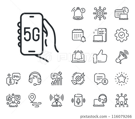 Hand hold phone sign. Place location, technology and smart speaker outline icons. 5g internet app line icon. Cellphone with screen notification symbol. 5g internet line sign. Vector 116079266