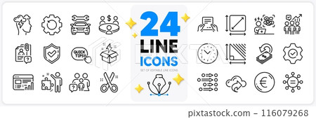 Icons set of Square area, Ethics and Car line icons pack for app with Creative idea, Euro money, Difficult stress thin outline icon. Receive file, Web report, Strategy pictogram. Vector 116079268