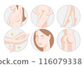 Different body zones of unwanted hair removal underarm, bikini zone, legs, hands, face, butty 116079338