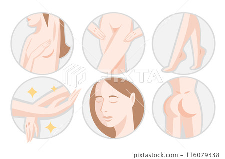 Different body zones of unwanted hair removal underarm, bikini zone, legs, hands, face, butty Different body zones of unwanted hair removal underarm, bikini zone, legs, hands, face, butty 116079338