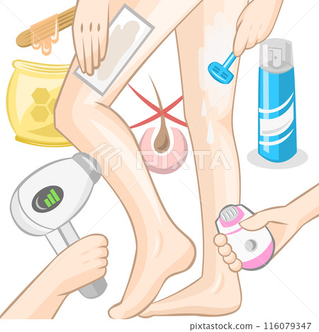 Different ways of hair removal wax, laser, razor blade, epilator 116079347