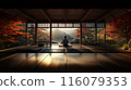Buddhist sitting in the meditation hall. Calm zen atmosphere. Nature, mountains and morning sunlight in the background. 16:9 horizontal banner 116079353