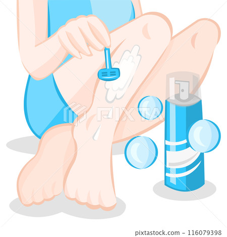 Girl removes unwanted hair from her legs with a help of razor blade depilation 116079398