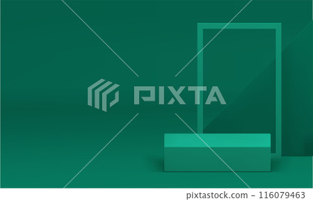 Green 3d showcase podium with geometric shapes wall background realistic vector illustration 116079463