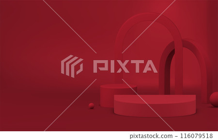 3d red showcase podium with arch wall background for show realistic vector illustration 116079518