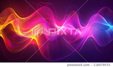 displays a vivid abstract background featuring flowing, neon-colored waves of pink, purple, and blue, set against a dark backdrop. The swirling lines create a sense of movement and energy 116079555