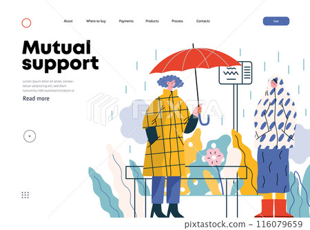 Mutual Support: Offer an umbrella to a stranger -modern flat vector concept illustration of a at a bus stop in the rain offering an umbrella A metaphor of voluntary, collaborative exchanges Mutual Support: Offer an umbrella to a stranger -modern flat vector concept illustration of a at a bus stop in the rain offering an umbrella A metaphor of voluntary, collaborative exchanges 116079659