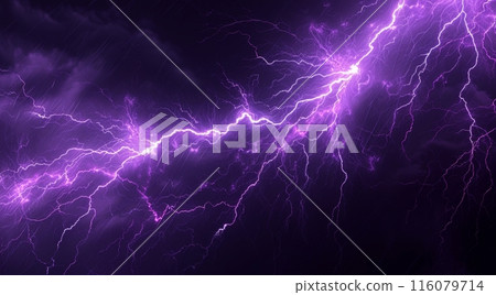 A vibrant purple lightning bolt illuminates the dark, stormy night sky. The bright, jagged streaks of electricity create a dramatic and mesmerizing visual display A vibrant purple lightning bolt illuminates the dark, stormy night sky. The bright, jagged streaks of electricity create a dramatic and mesmerizing visual display 116079714