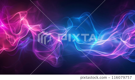 displays a vivid abstract background featuring flowing, neon-colored waves of pink, purple, and blue, set against a dark backdrop. The swirling lines create a sense of movement and energy 116079757