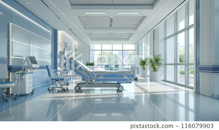 An empty, modern hospital room with medical equipment, a bed, and bright lighting, showcasing cleanliness and advanced healthcare facilities An empty, modern hospital room with medical equipment, a bed, and bright lighting, showcasing cleanliness and advanced healthcare facilities 116079903