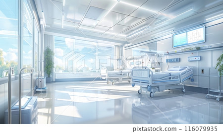 An empty, modern hospital room with medical equipment, a bed, and bright lighting, showcasing cleanliness and advanced healthcare facilities An empty, modern hospital room with medical equipment, a bed, and bright lighting, showcasing cleanliness and advanced healthcare facilities 116079935