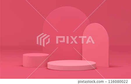Pink 3d podium cylinder level construction curved wall minimal design product presentation vector 116080022