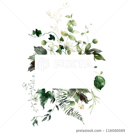 Watercolor floral gold frame featuring flowers, buds, fern and herbs. Hand-drawn composition of a plant bouquet on a white background. An outdoor illustration for design, printing, fabric background. Watercolor floral gold frame featuring flowers, buds, fern and herbs. Hand-drawn composition of a plant bouquet on a white background. An outdoor illustration for design, printing, fabric background. 116080089