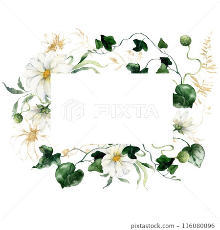 Watercolor floral gold frame featuring buds, fern, flowers and herbs. Hand-drawn composition of a plant bouquet on a white background. An outdoor illustration for design, printing, fabric background. Watercolor floral gold frame featuring buds, fern, flowers and herbs. Hand-drawn composition of a plant bouquet on a white background. An outdoor illustration for design, printing, fabric background. 116080096