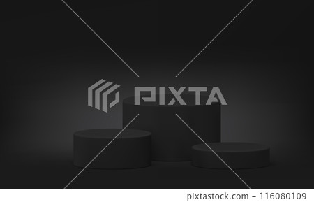 Black pedestal three cylinder stage contest win celebration event ceremony 3d realistic vector 116080109