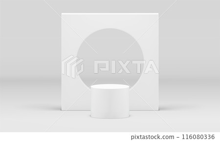 Pedestal geometric 3d stage white cylinder foundation wall round hole realistic vector illustration 116080336