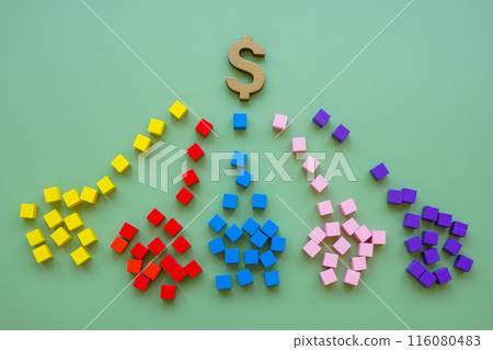Income streams or creative economy concept. Dollar sign and colored cubes Income streams or creative economy concept. Dollar sign and colored cubes 116080483