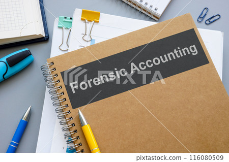 Forensic accounting book and stack of papers. Forensic accounting book and stack of papers. 116080509