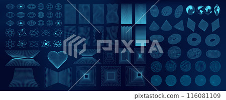 Abstract 3D wireframe shapes, mesh grids, and geometric forms. Neon blue Y2K designs with futuristic and psychedelic patterns. Tech and cyberpunk elements in a surreal digital art. 116081109