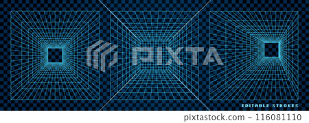 Set of abstract 3D wireframe tunnels at checkered grid background. The geometric portal designs in a Y2K retro aesthetic with futuristic and digital elements. Set of abstract 3D wireframe tunnels at checkered grid background. The geometric portal designs in a Y2K retro aesthetic with futuristic and digital elements. 116081110