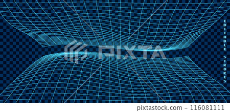 Abstract 3D illustration of a distorted grid and mesh wireframe structure on a checkered background. The warped geometric shape evokes a Y2K aesthetic with neon blue lines, modern cyberpunk design. 116081111