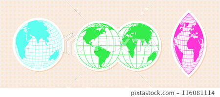 Set of digital stickers of globe wireframes. 3D abstract shapes with a Y2K aesthetic. Vibrant mesh patterns in green, pink, and cyan color. Ideal for tech and cyber design elements. 116081114