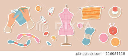Hands crocheting with a thread sticker set surrounded by sewing supplies. Mannequin, buttons, yarn, and knitting needles for embroidery craft. Cute illustration of tailor tools for sewing projects. 116081116