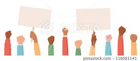 People hold a solidarity fist gesture, a character is holding a support sign, a woman holds a revolution symbol, a rights activist shows up with a protest arm, and a person raises a strength fist. 116081143