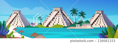 Ancient Mayan pyramids tropical landscape with palm trees and beach Ancient Mayan pyramids tropical landscape with palm trees and beach 116081153