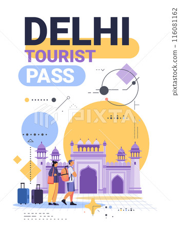 Travelers exploring historic architecture with luggage abstract shapes in background modern design travel concept 116081162
