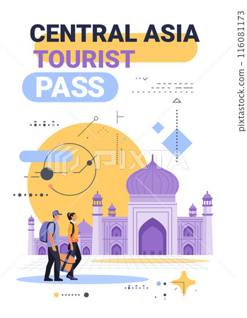 Tourists walking near Central Asian mosque modern abstract design travel theme colorful elements 116081173