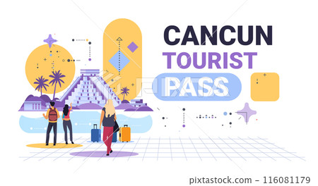Tourists exploring ancient pyramid tropical landscape modern abstract design colorful elements travel theme Tourists exploring ancient pyramid tropical landscape modern abstract design colorful elements travel theme 116081179