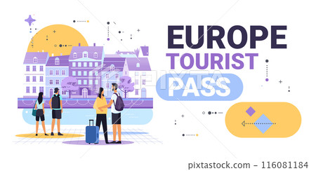 Tourists exploring European cityscape with historic buildings modern flat design travel concept colorful abstract elements 116081184